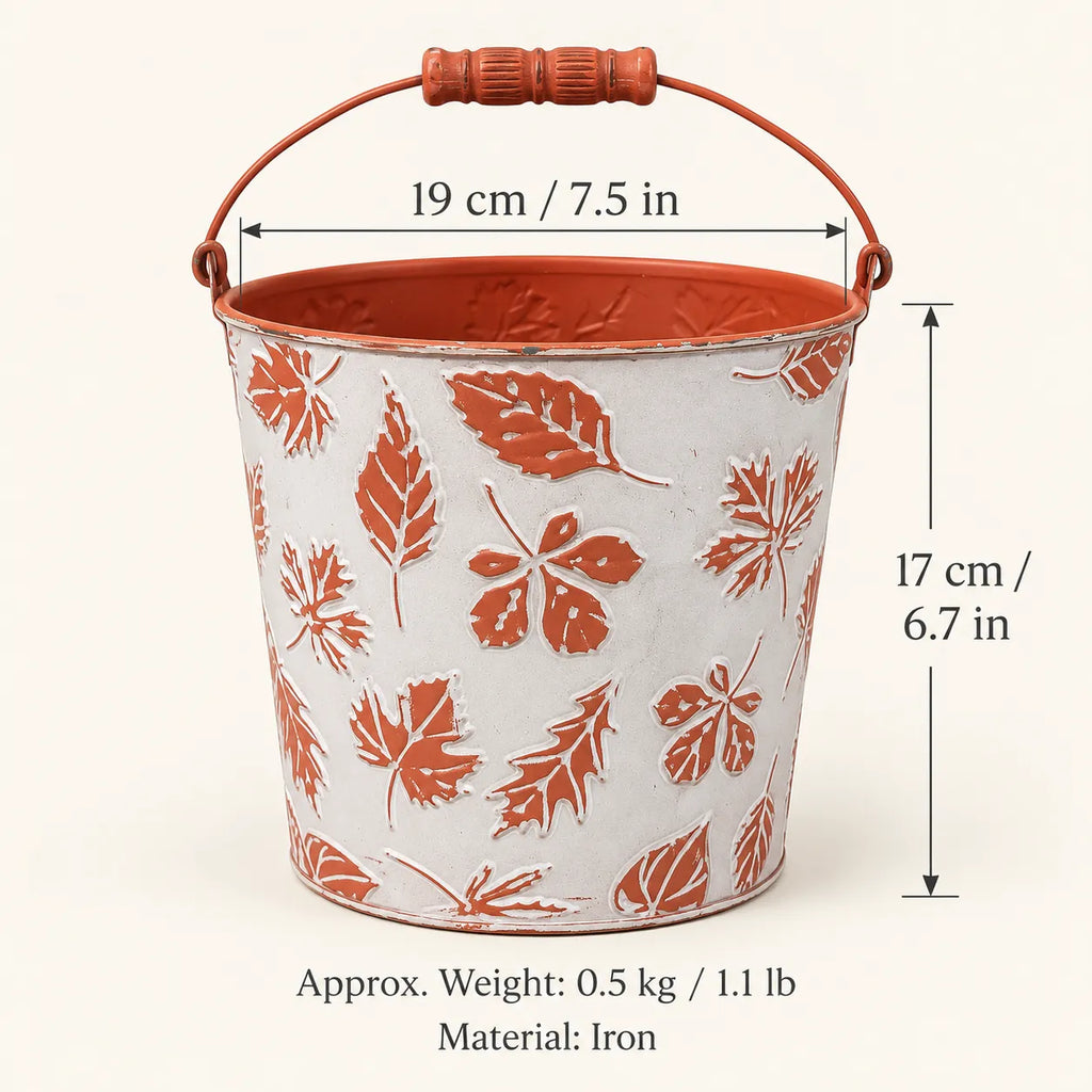 Vintage-Style Embossed Woodland Leaf Cachepot | Rustic Metal Bucket