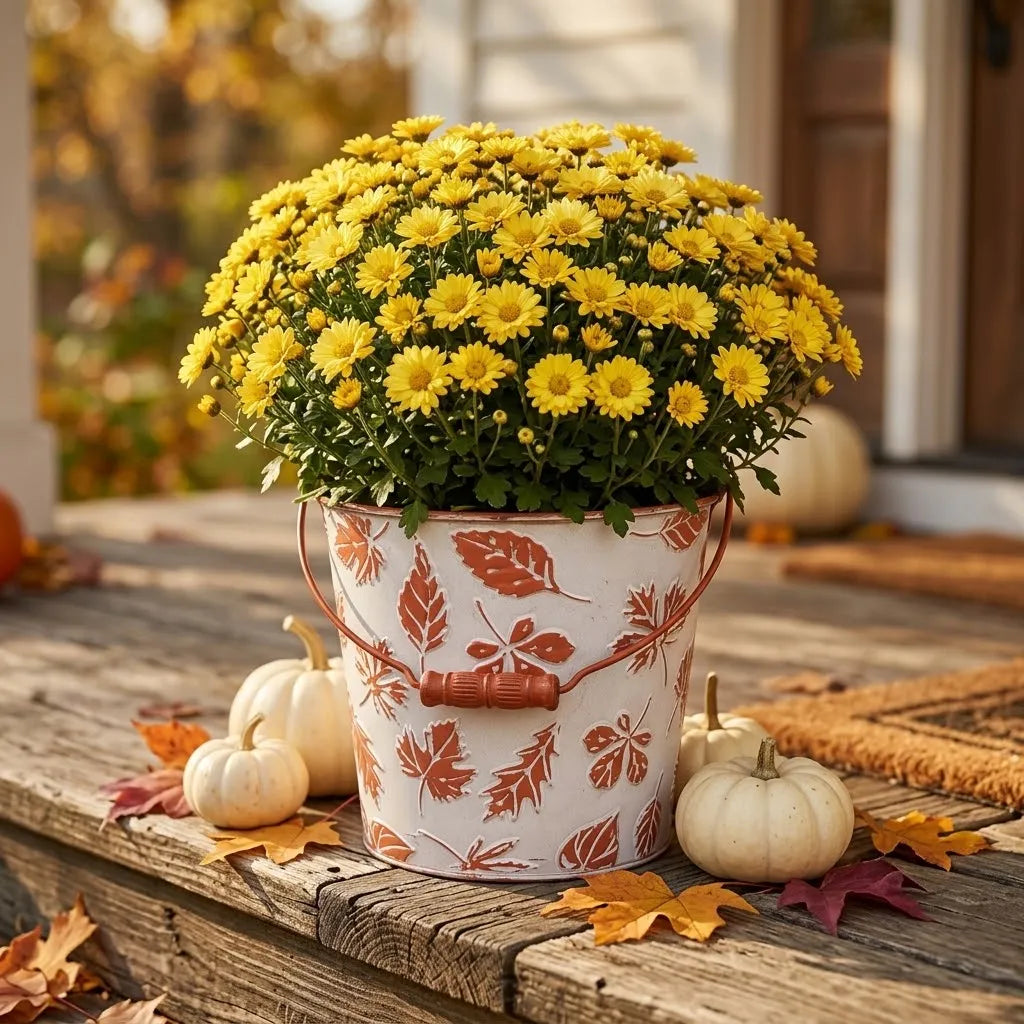 Vintage-Style Embossed Woodland Leaf Cachepot | Rustic Metal Bucket
