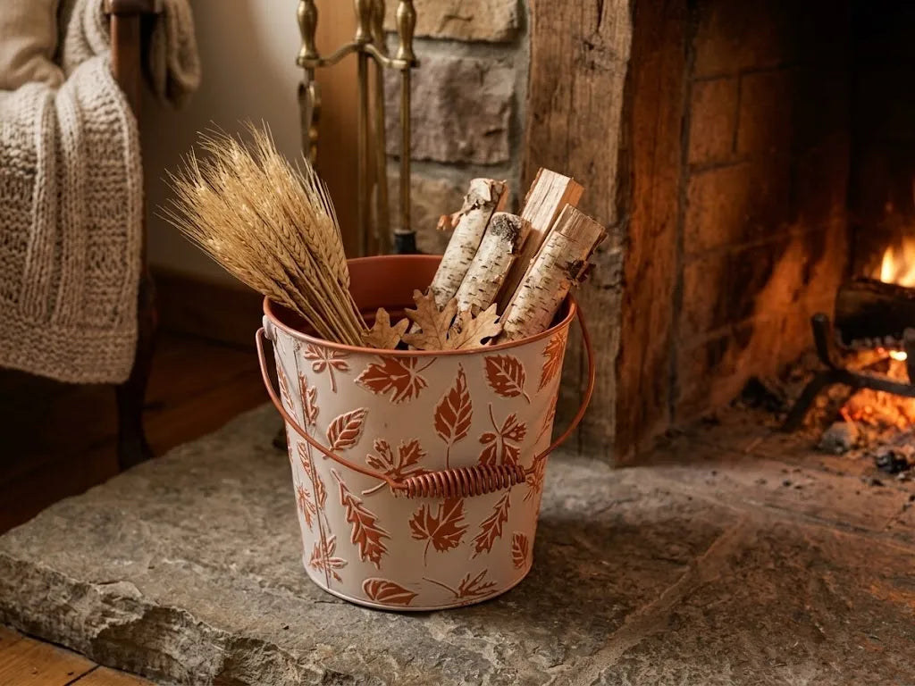 Vintage-Style Embossed Woodland Leaf Cachepot | Rustic Metal Bucket