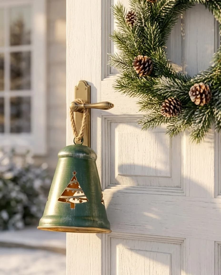 Green distressed metal hanging Christmas tree bell ornament with jute rope and cut-out tree