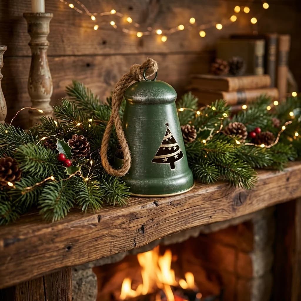 Green distressed metal Christmas tree bell ornament with jute rope and cut-out tree design