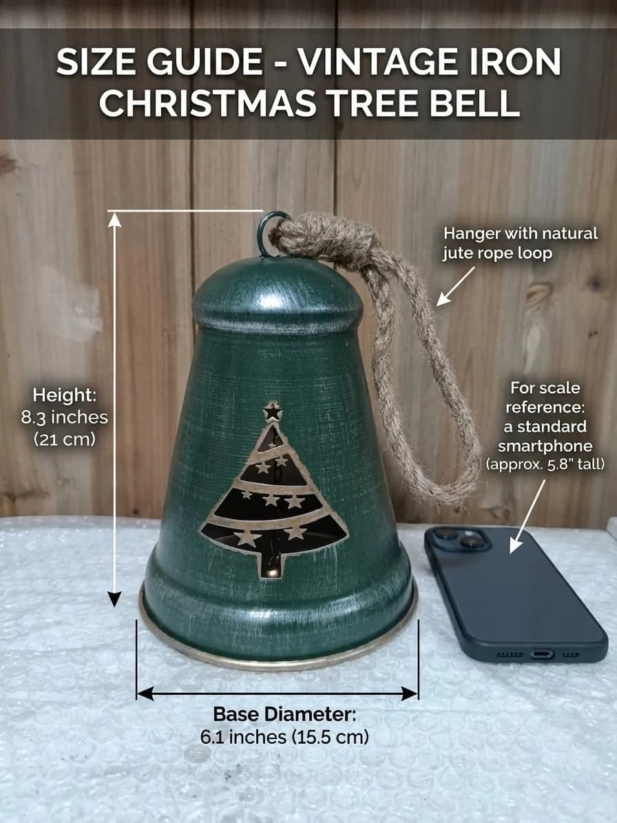 Vintage Iron Christmas Tree Bell – Distressed Green Farmhouse Hanging Ornament with Star Cut-Outs & Jute Rope Size