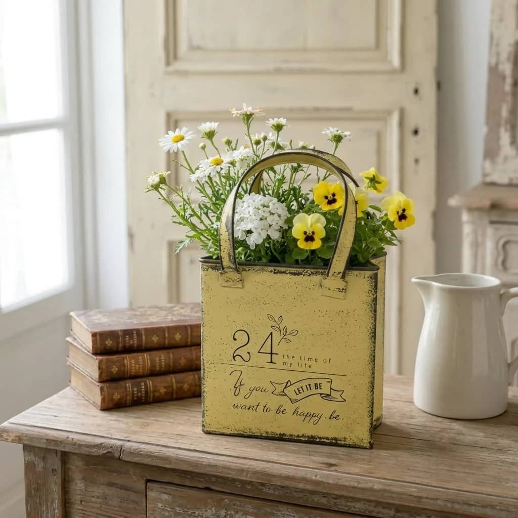 Decorative yellow metal box with flowers on a wooden table