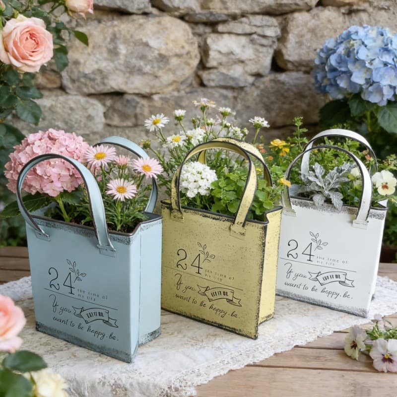 Three decorative metal planters with floral designs and '24' text on a stone wall background.