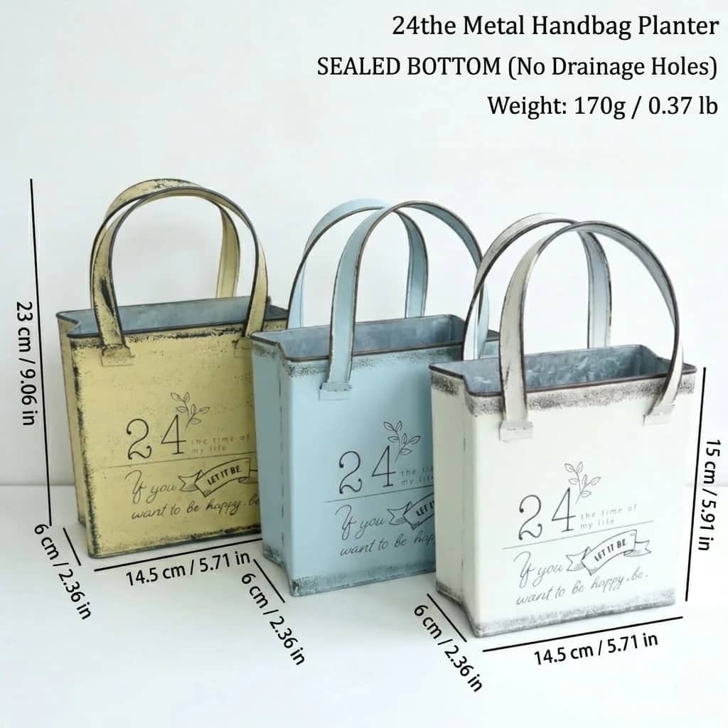 Three metal handbag planters with measurements and product details on a white background