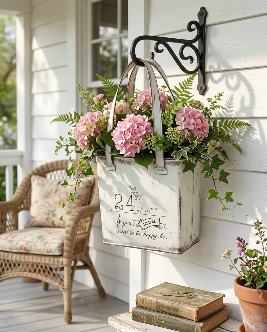 Decorative tote bag with flowers hanging on a porch wall