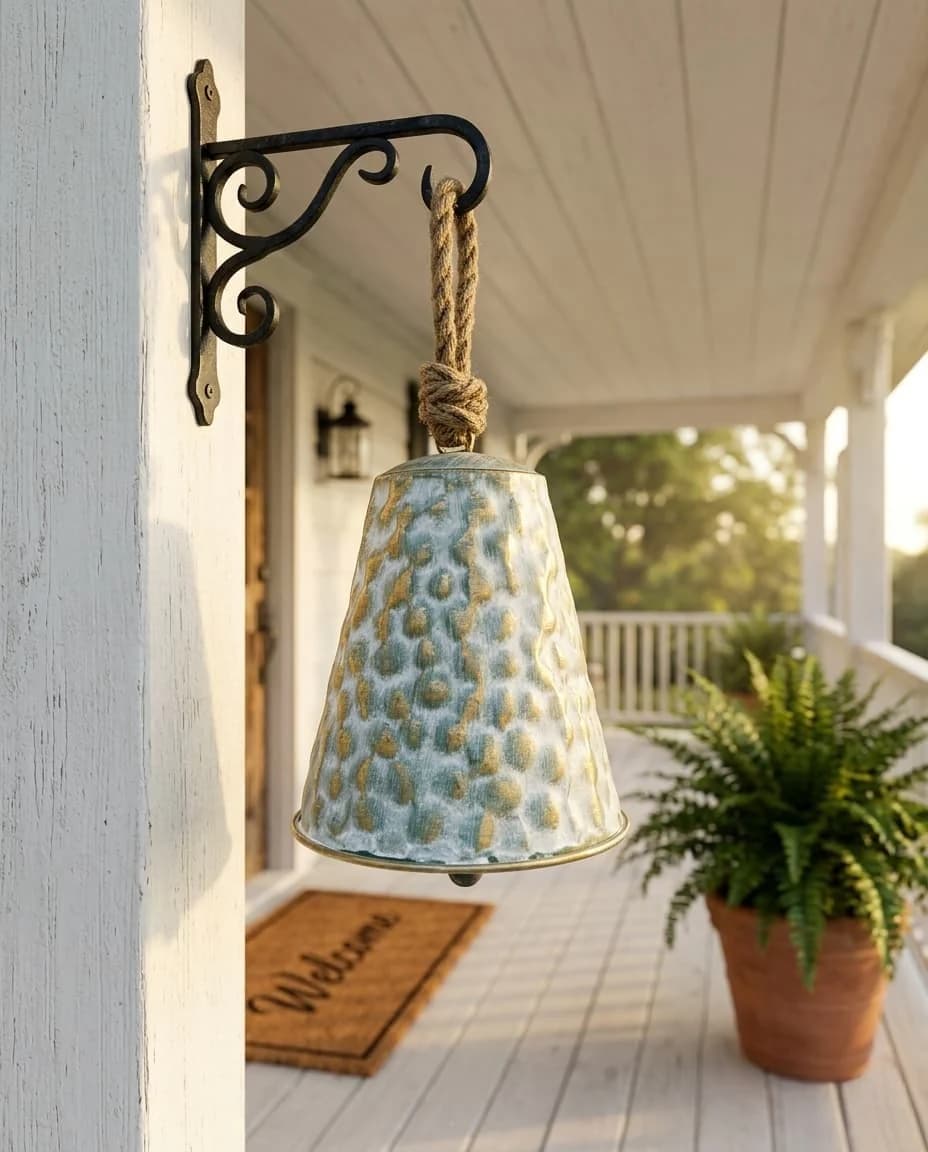 Decorative bell with textured surface on a porch with a potted plant and welcome mat.