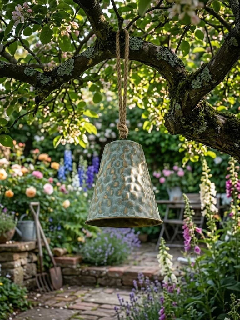 Hanging hammered iron bell wind chime with sage-blue finish and jute rope