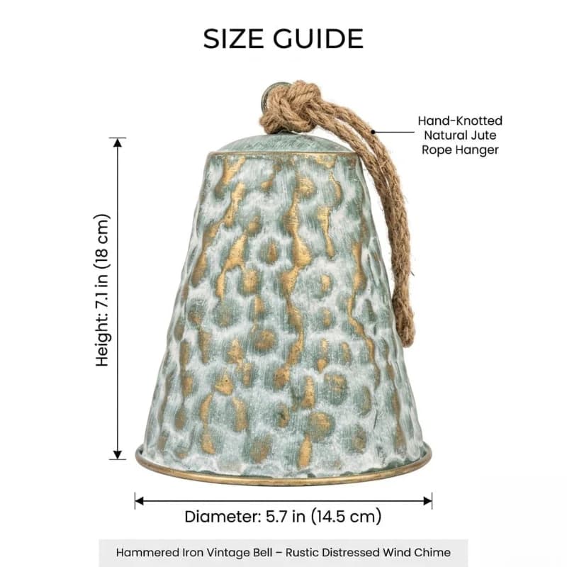 Hammered iron vintage bell with jute rope hanger and size guide on a white background