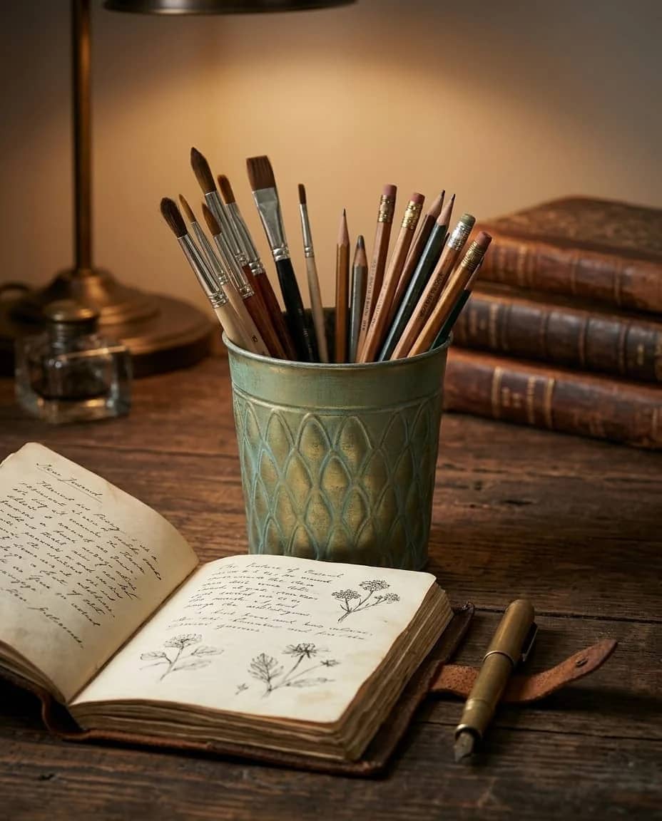 Vintage Verdigris Metal Planter – Embossed Scalloped Iron Cachepot & Desk Organizer (5.9" Diameter)