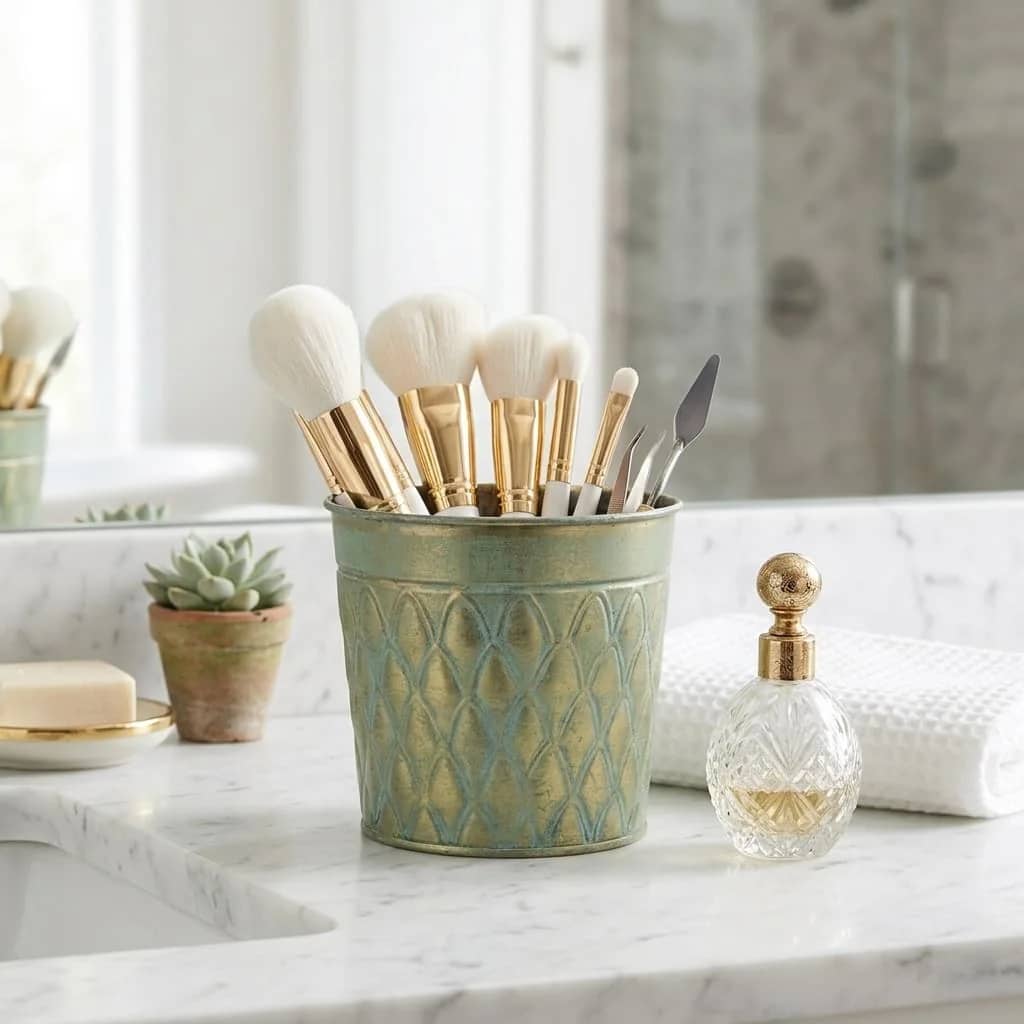 Vintage Verdigris Metal Planter – Embossed Scalloped Iron Cachepot & Desk Organizer (5.9" Diameter) 2