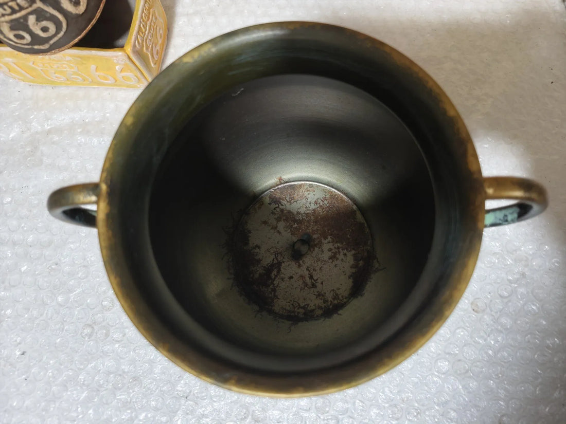 Rustic antique bronze iron planter pot with two side handles, top opening view