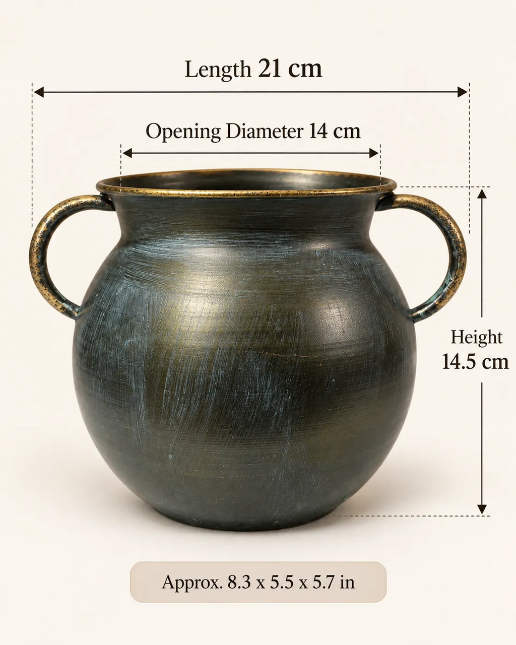 Bronze iron planter pot with two handles, product photo with size diagram