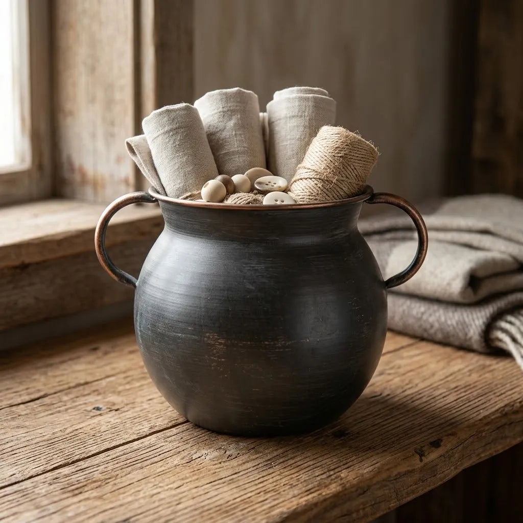 Rustic metal planter pot with two handles holding neutral linen fabric