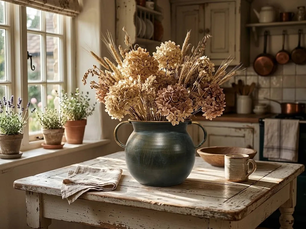 Bronze metal planter pot with two handles filled with dried flowers