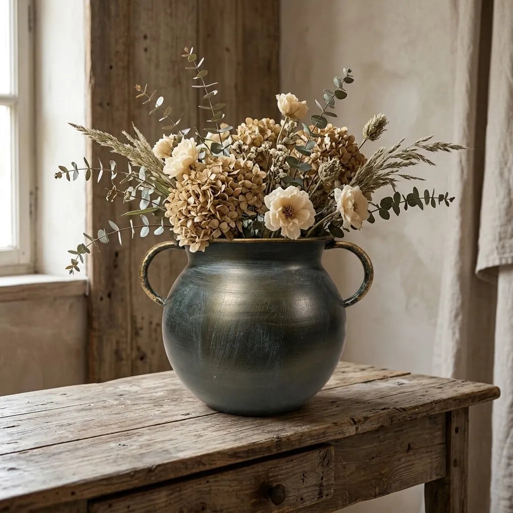 Rustic dark bronze planter pot with two handles holding mixed dried florals