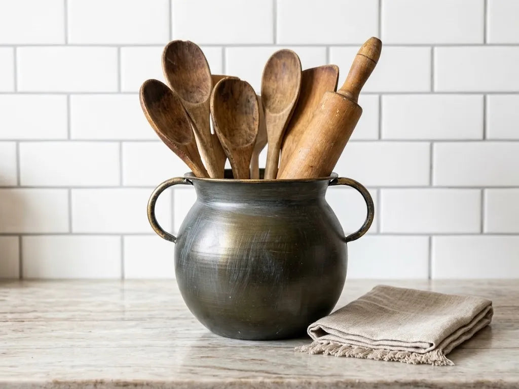 Dark bronze iron planter pot with two handles holding wooden utensils
