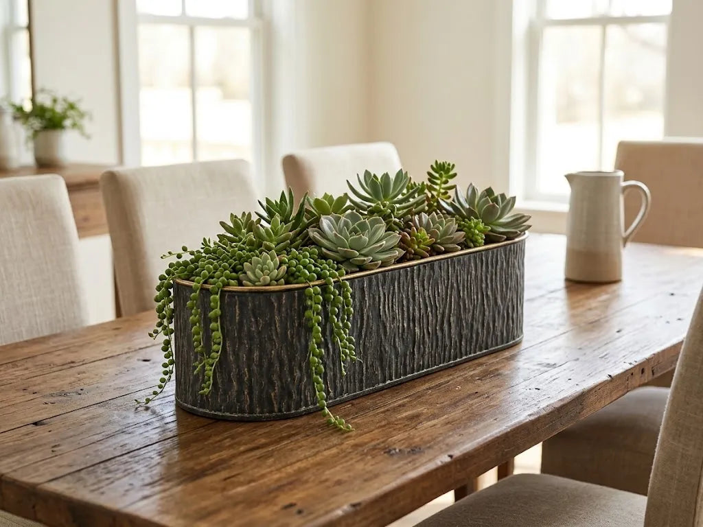 Oval faux-bark metal planter with gold rim, filled with succulents, dark charcoal