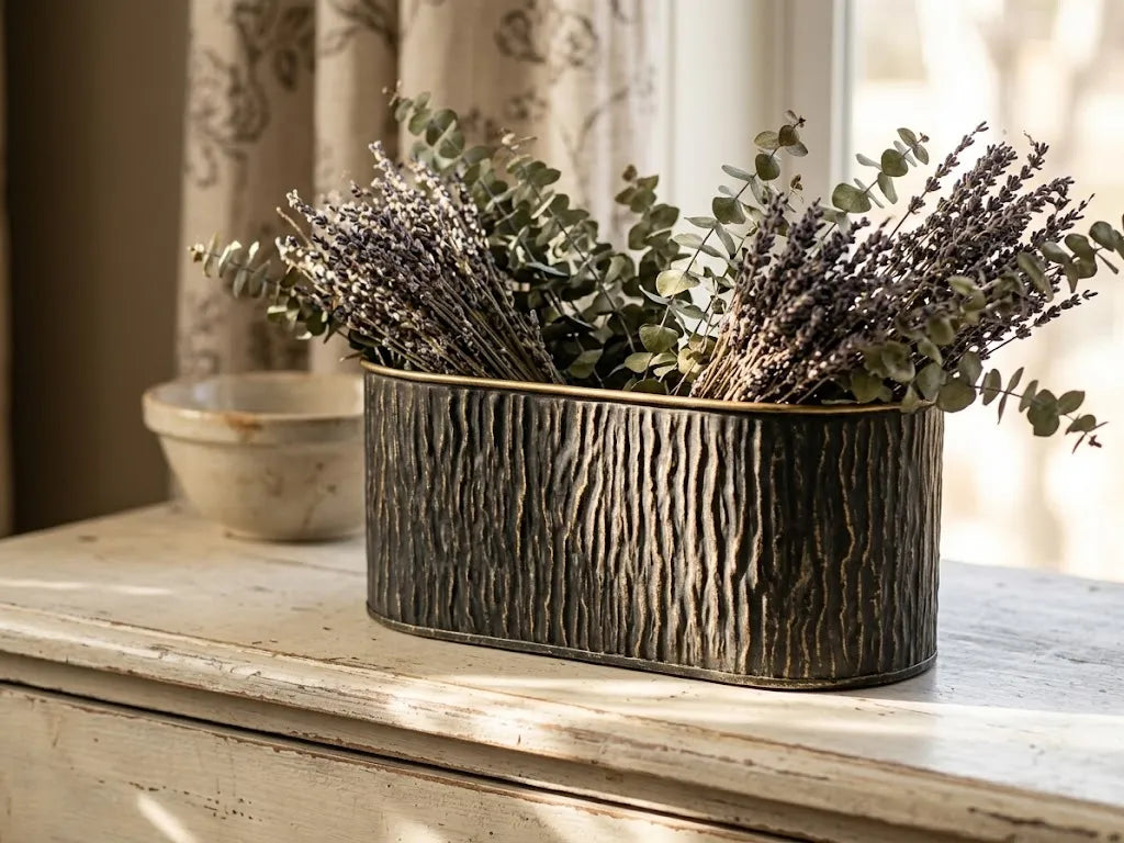 Faux-bark metal planter with gold rim, filled with dried flowers, dark charcoal