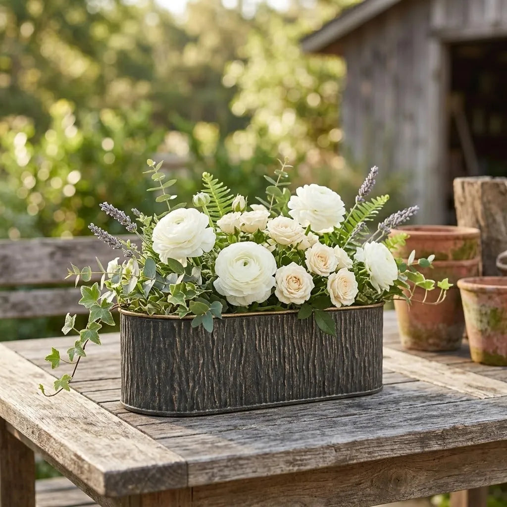 Oval faux-bark metal planter with gold rim, filled with white flowers, dark charcoal