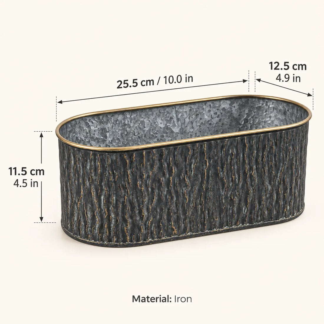 Iron oval metal planter with faux bark texture and gold rim, dark charcoal