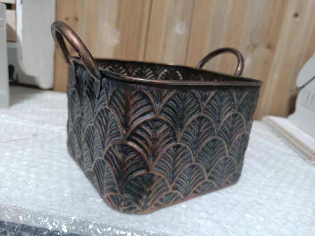 Antique Copper Embossed Fan Metal Planter | Rustic Cachepot
