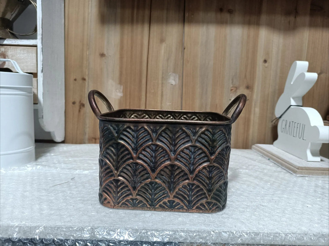 Antique Copper Embossed Fan Metal Planter | Rustic Cachepot