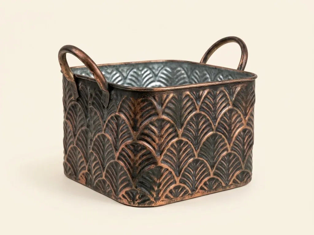 Antique Copper Embossed Fan Metal Planter | Rustic Cachepot