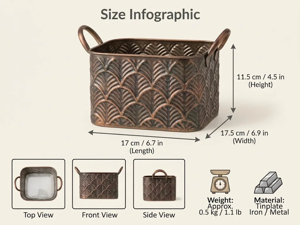 Antique Copper Embossed Fan Metal Planter | Rustic Cachepot
