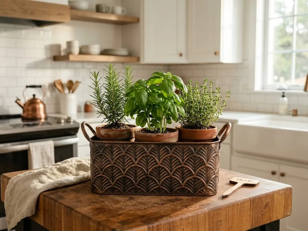 Antique Copper Embossed Fan Metal Planter | Rustic Cachepot