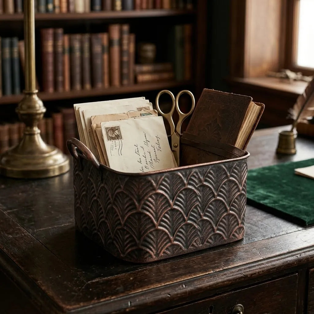 Antique Copper Embossed Fan Metal Planter | Rustic Cachepot