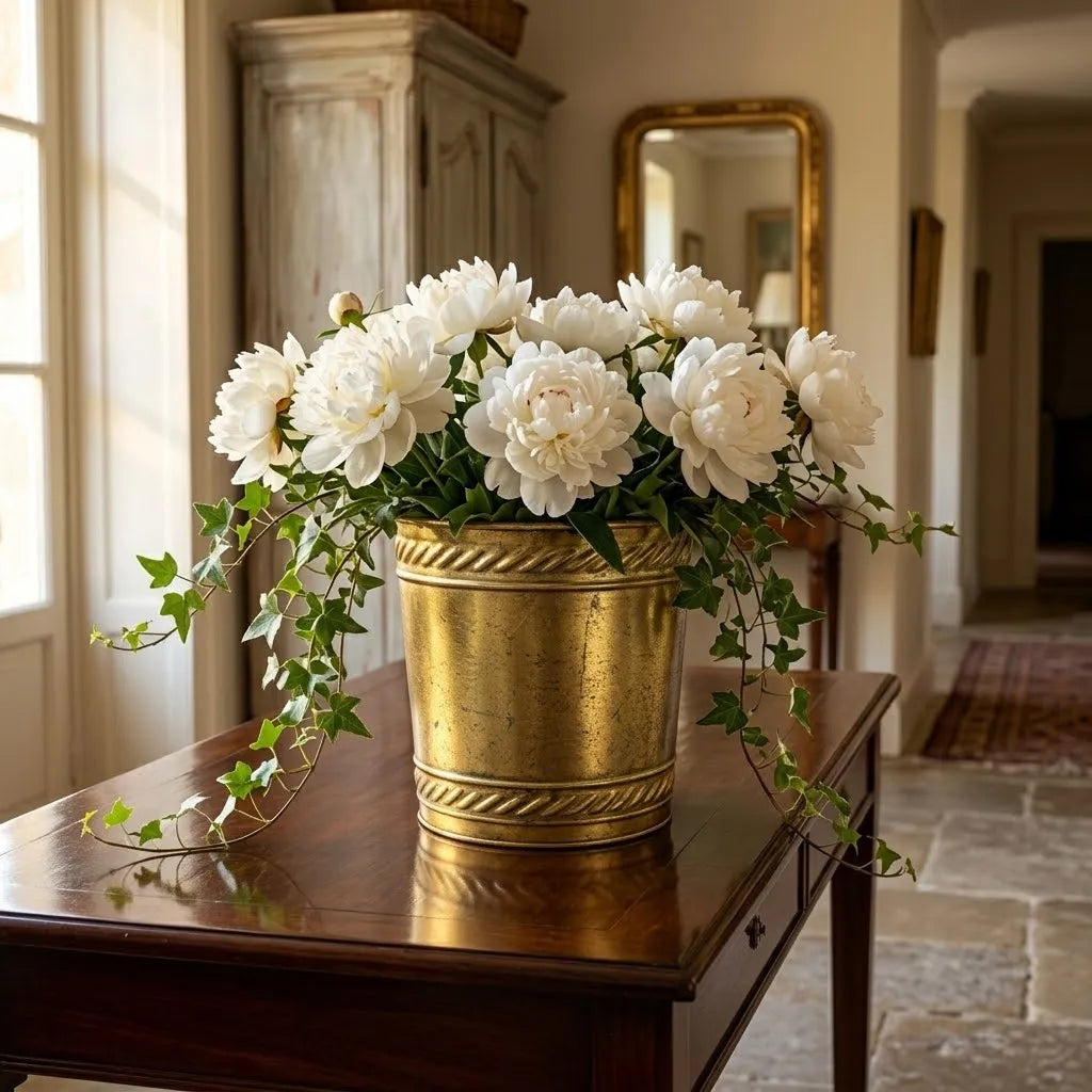 Antique gold distressed metal planter on tray with white peony-like blooms and trailing greenery