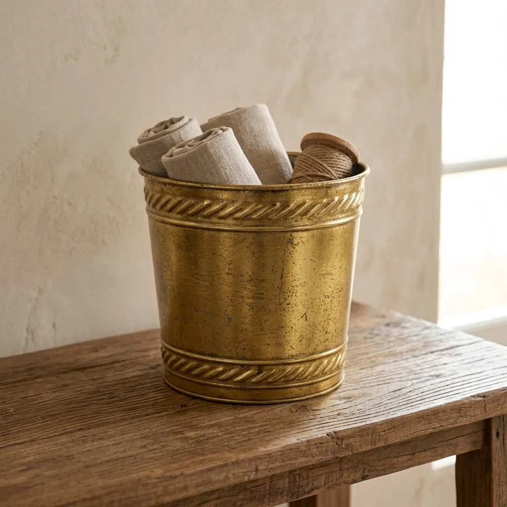 Antique gold distressed metal planter filled with beige fabric napkins or cloth