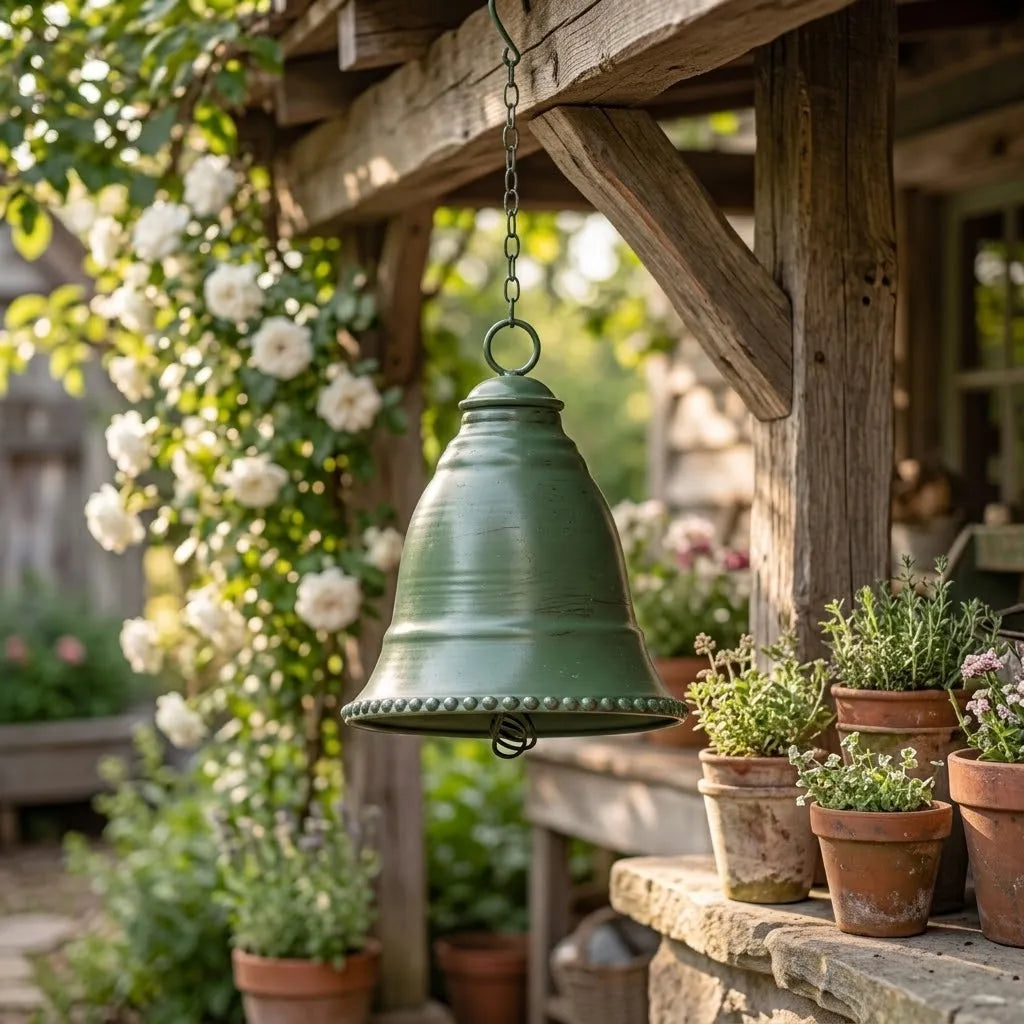 Green iron hanging bell on chain outdoors, bell dome with beaded rim