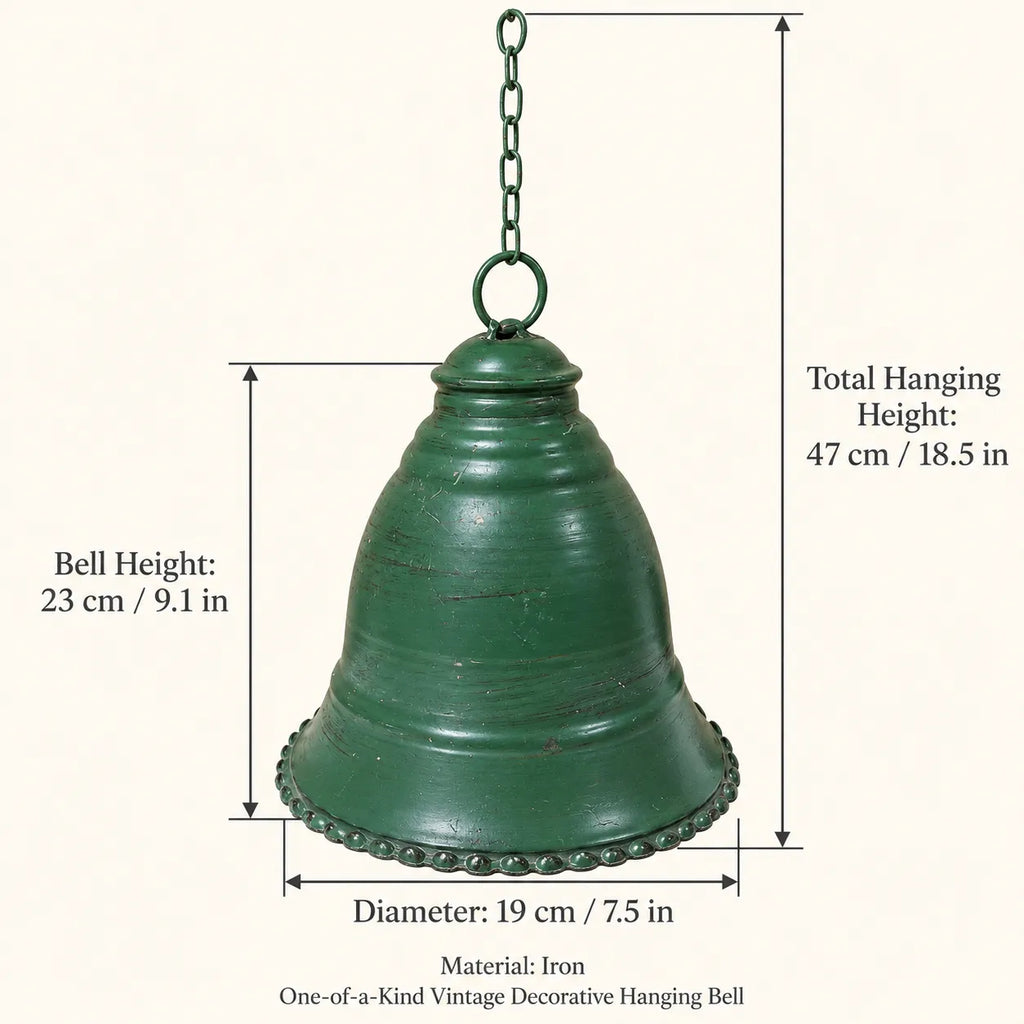 Vintage green iron hanging bell with chain and wide flared dome