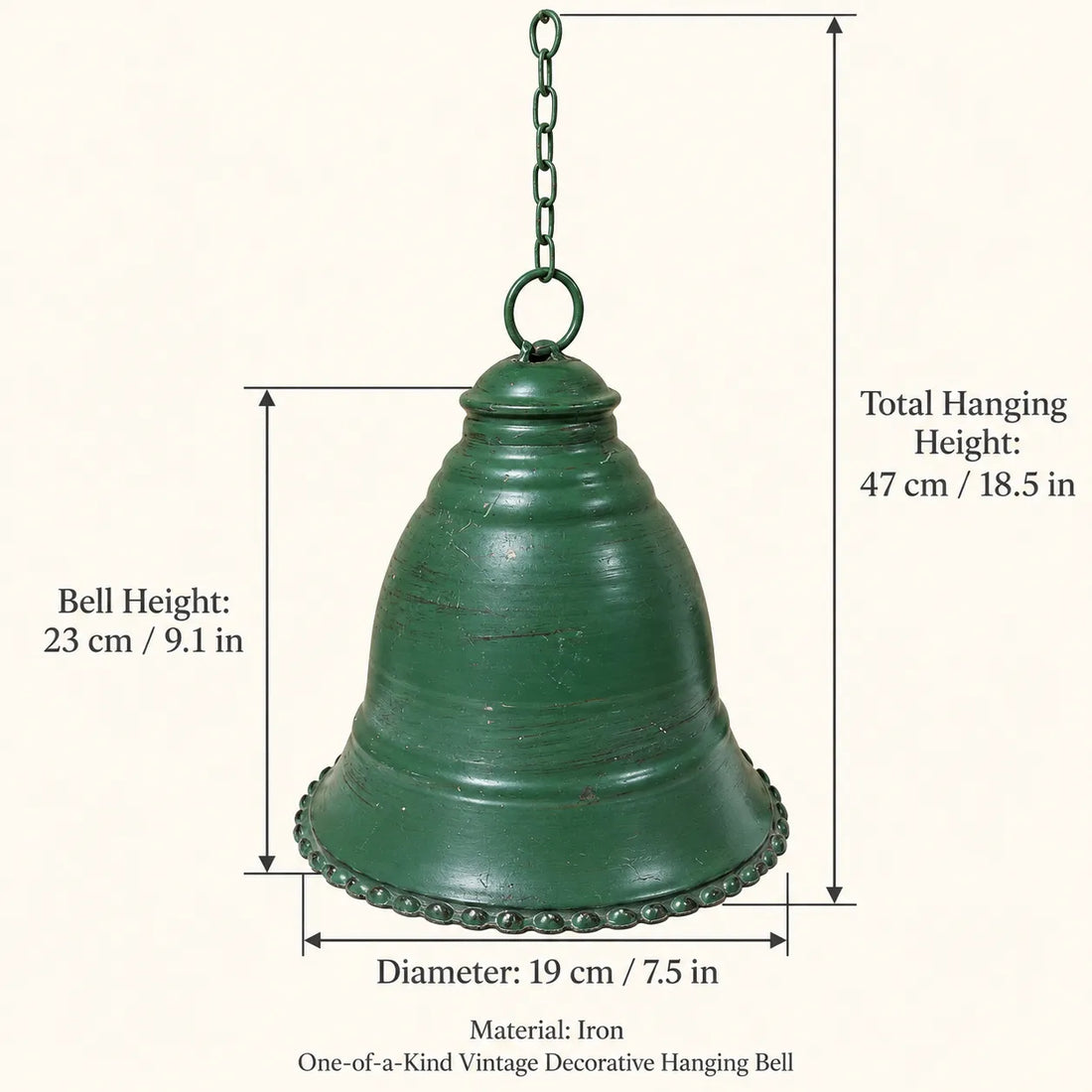 Vintage green iron hanging bell with chain and wide flared dome