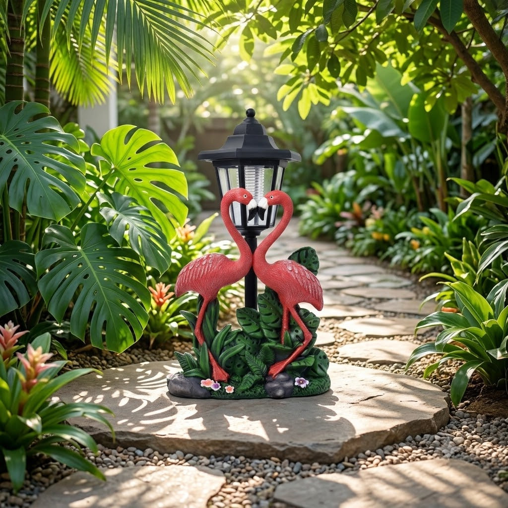 Solar lamp with pink flamingo design in a garden setting