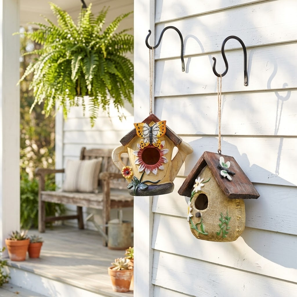 Hanging birdhouse ornament set on wall hooks, painted butterfly and flower details