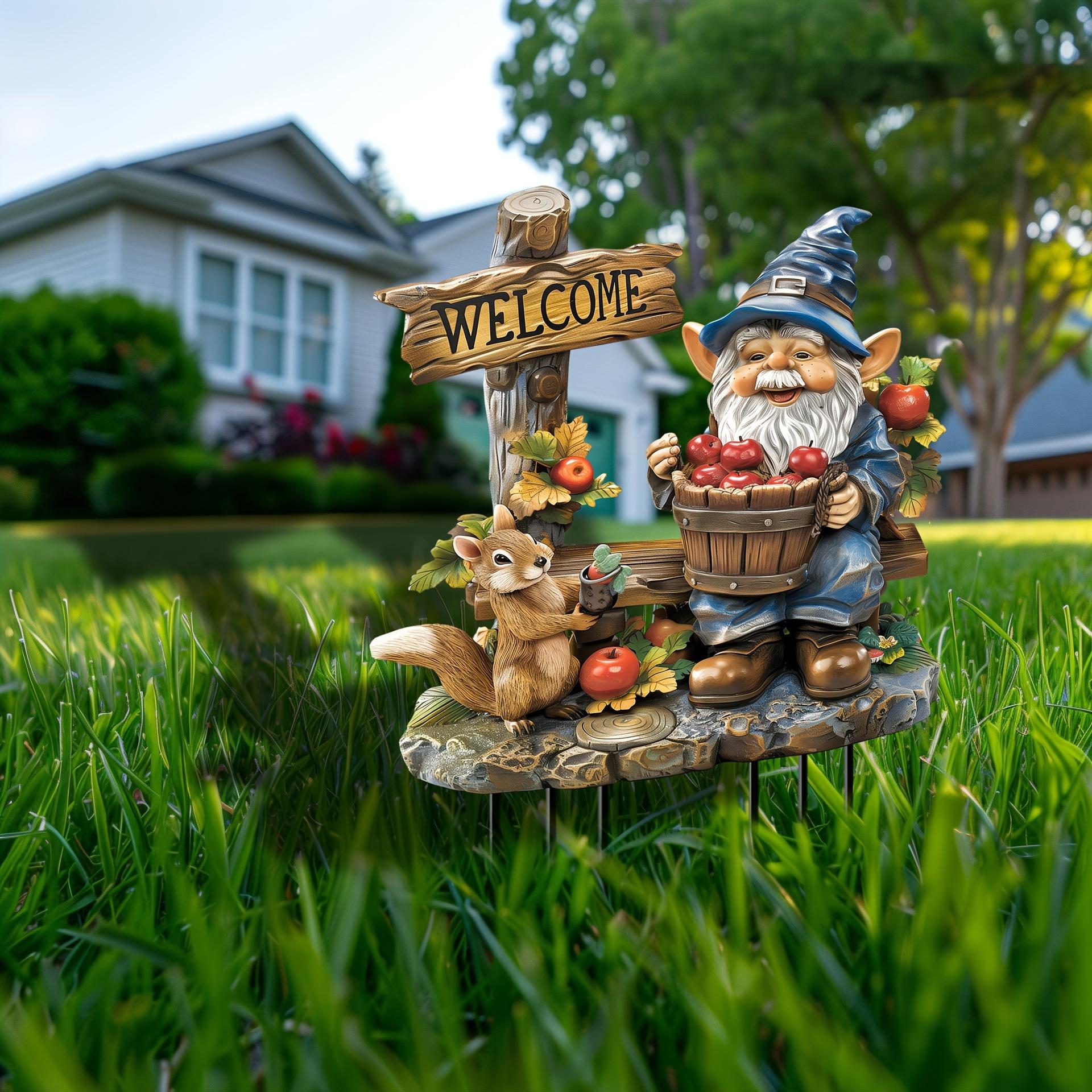 Whimsical Gnome & Squirrel Welcome Sign – 2D Flat Acrylic Garden Stake