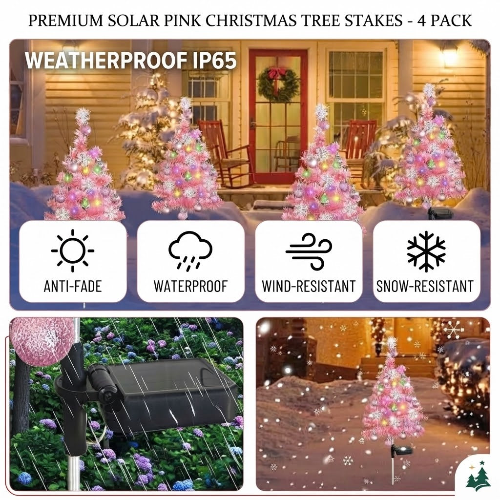 Pre-Lit Pink Solar Christmas Tree Pathway Stakes – Coquette Holiday Yard Decor with Ornaments (Set of 2)