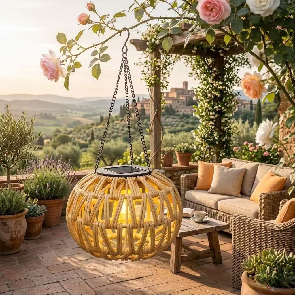 Solar woven rattan hanging globe lantern with chain, warm light