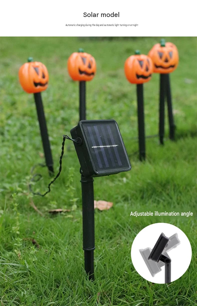 Solar LED pumpkin stake lights with solar panel, orange jack-o'-lanterns on black stakes