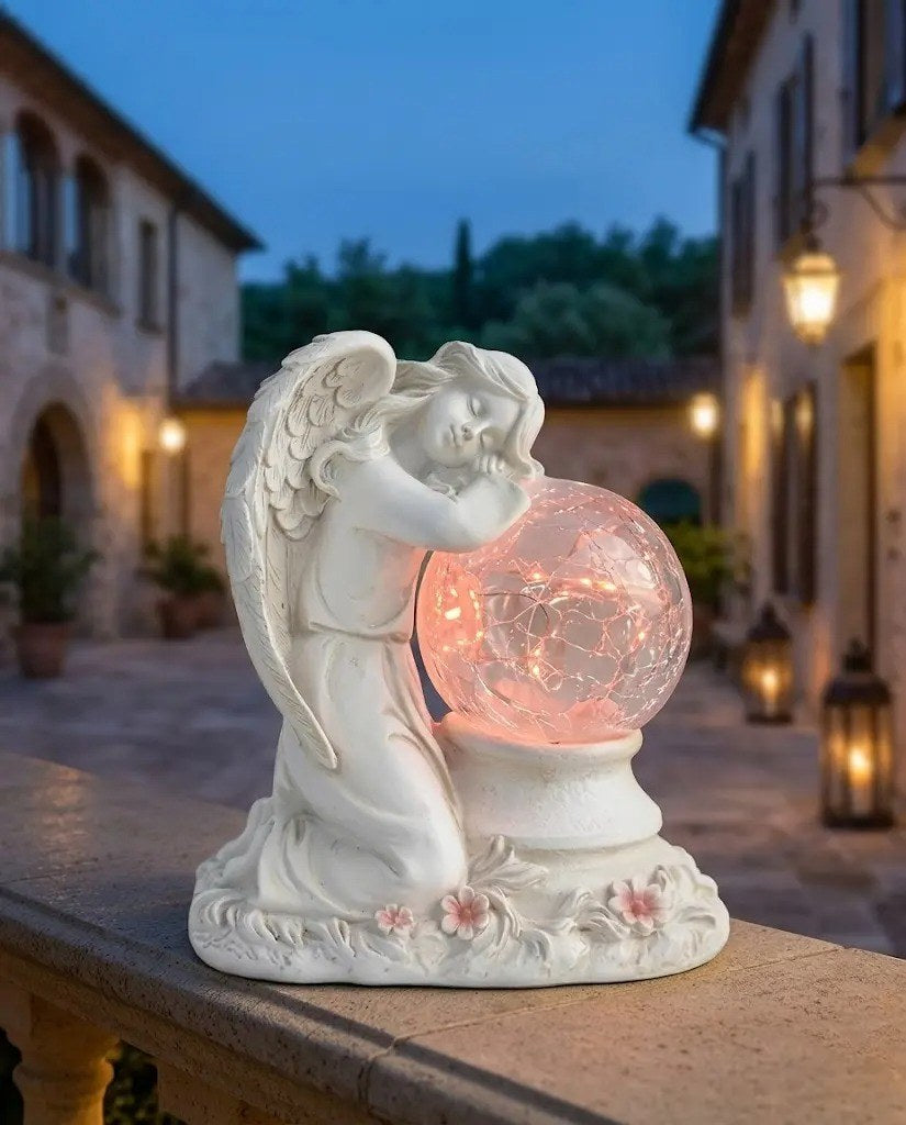 Guardian Angel Solar Lantern Statue – Elegant Resin Garden Planter & Glowing Orb Sculptures