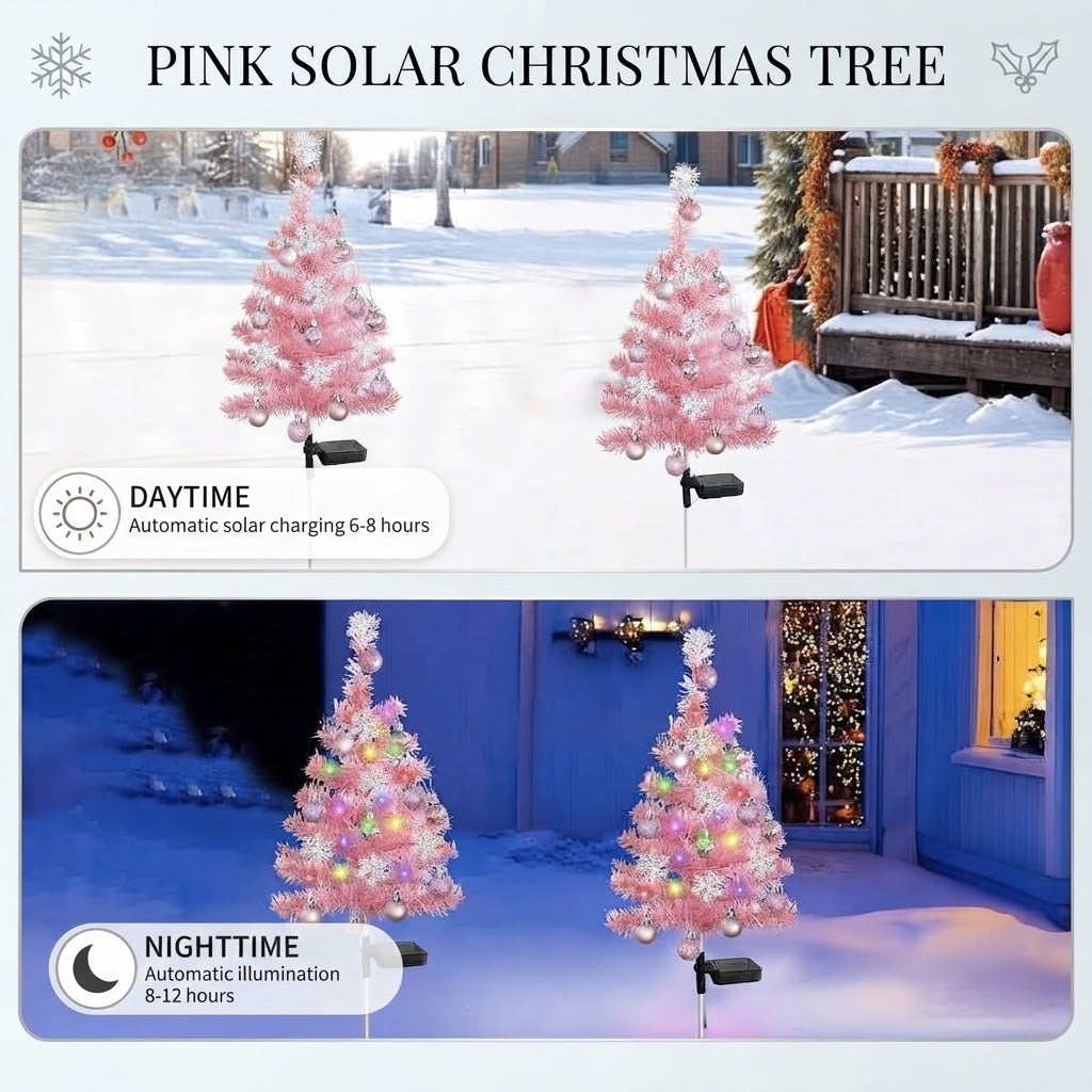Pre-Lit Pink Solar Christmas Tree Pathway Stakes – Coquette Holiday Yard Decor with Ornaments (Set of 2)