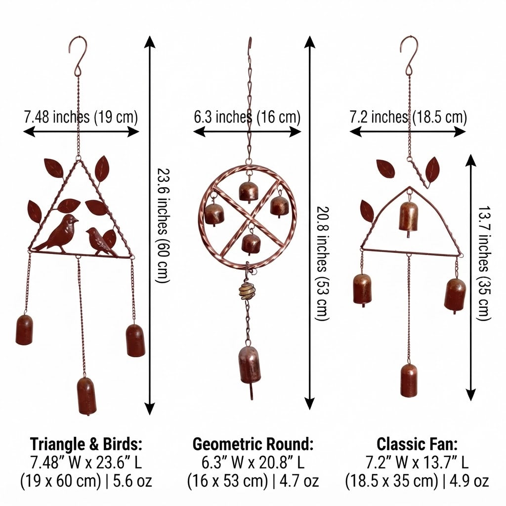 Diagram over geometrisk vindklokke i bronze: Størrelserne trekant, rund og vifte
