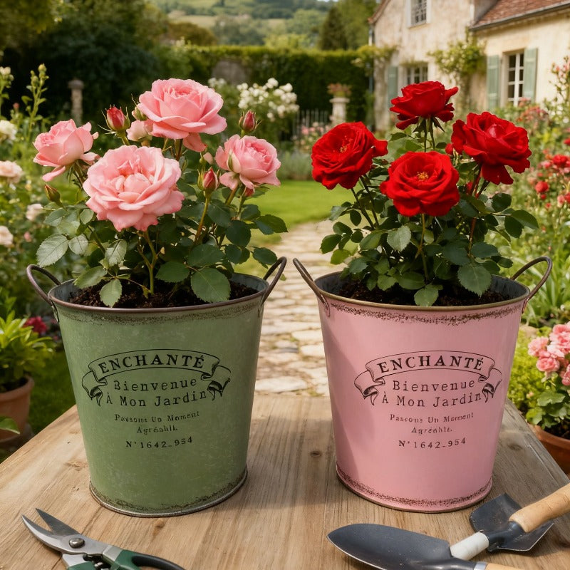 Vintage French Country Metal Planter Set of 4 – Rustic "Enchanté" Collection