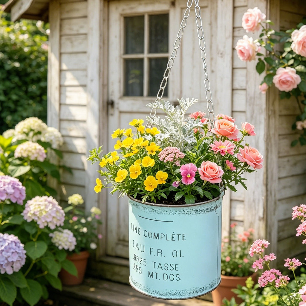 Vintage French Country Metal Hanging Planter with Chain