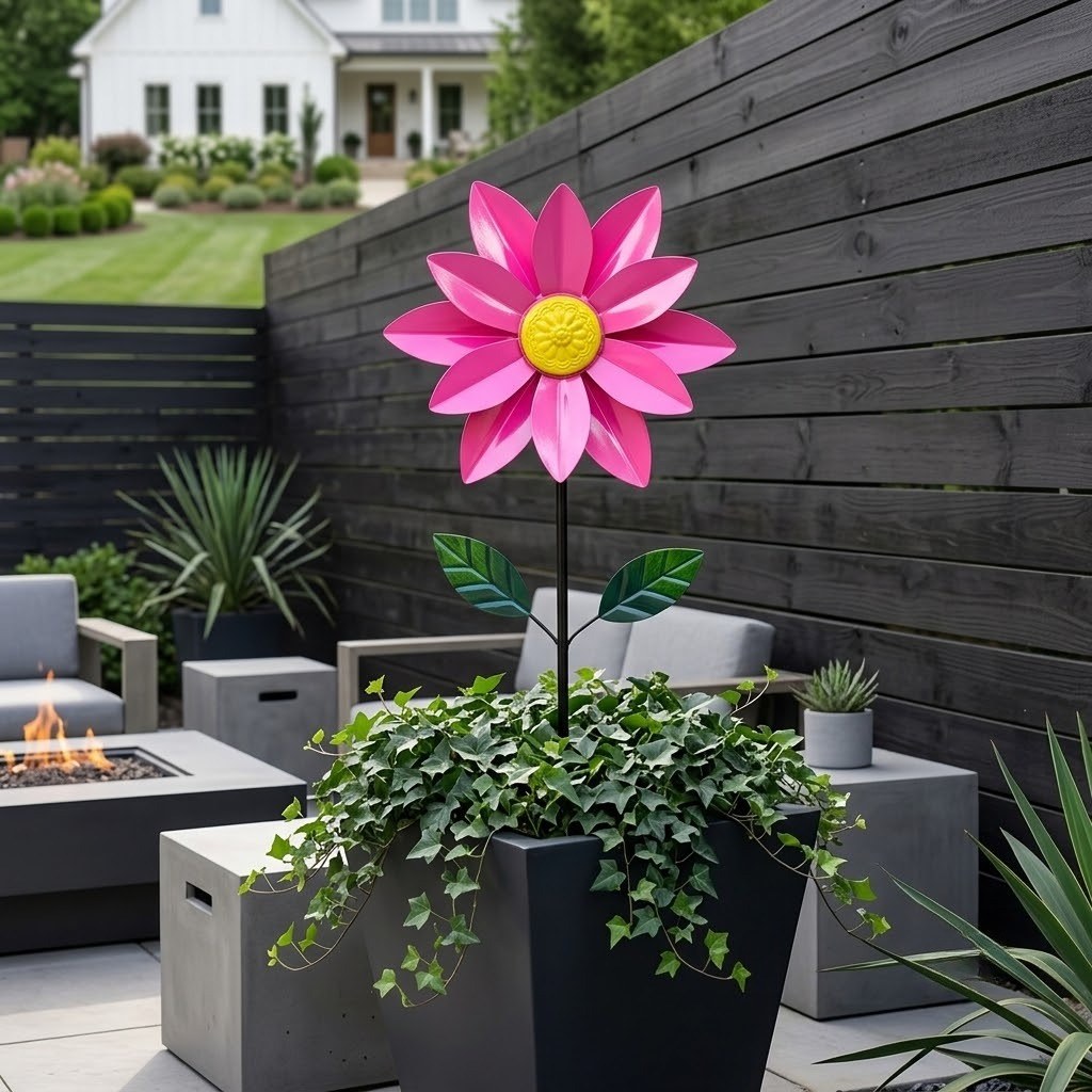 Kinetic Floral Wind Spinner – Rotating Metal Flower Garden Stake (45.7" Tall)