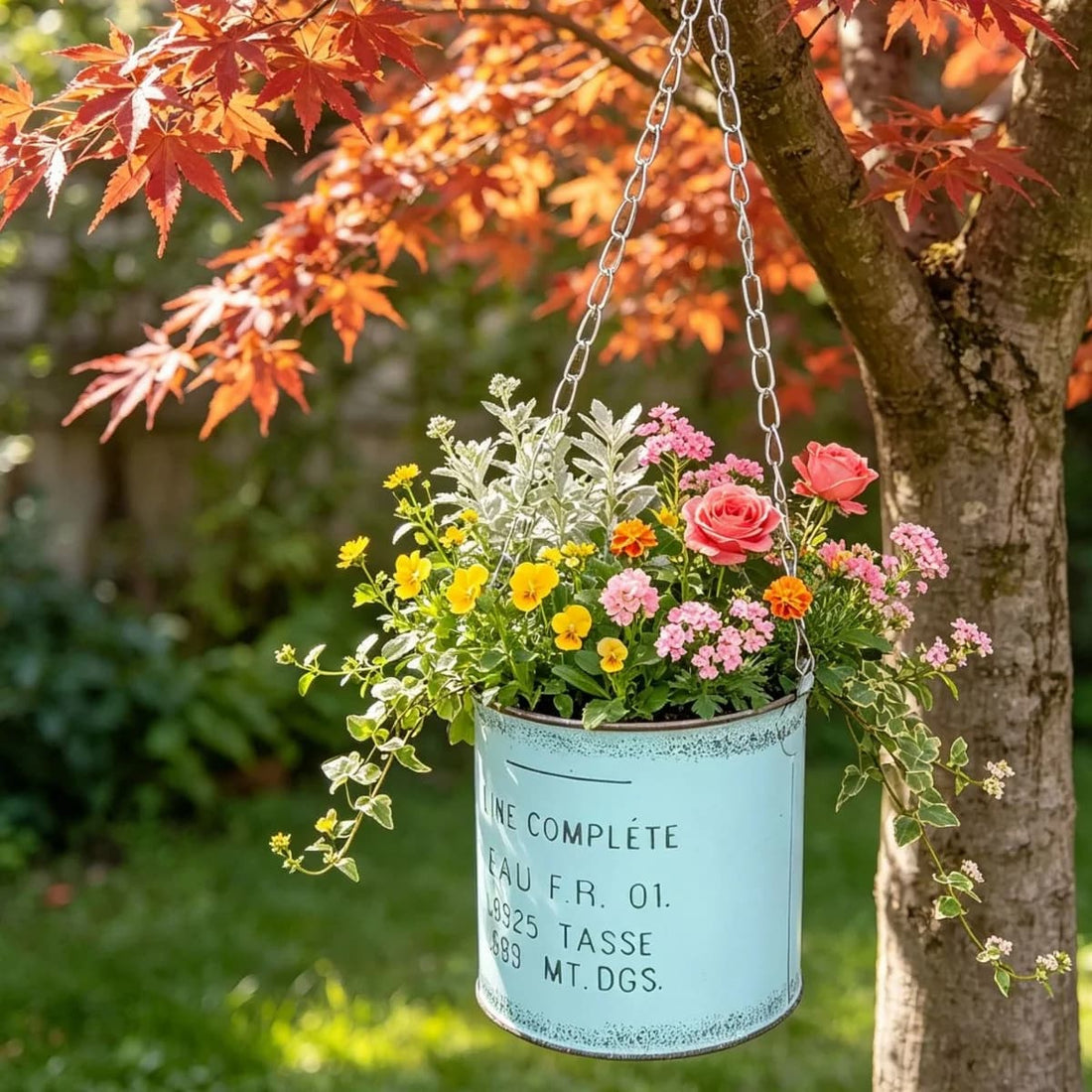Blå metalhængende plantekasse med sølvkæde med blandede blomster