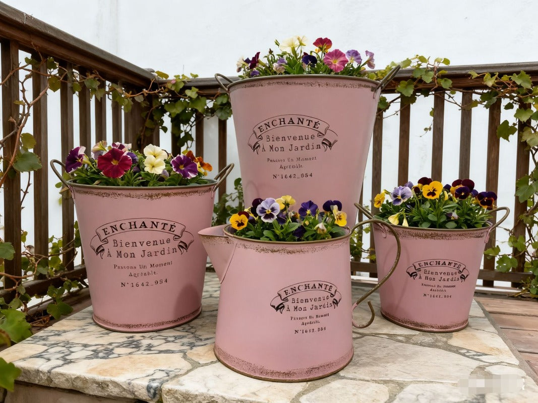 Vintage French Country Metal Planter Set of 4 – Rustic "Enchanté" Collection